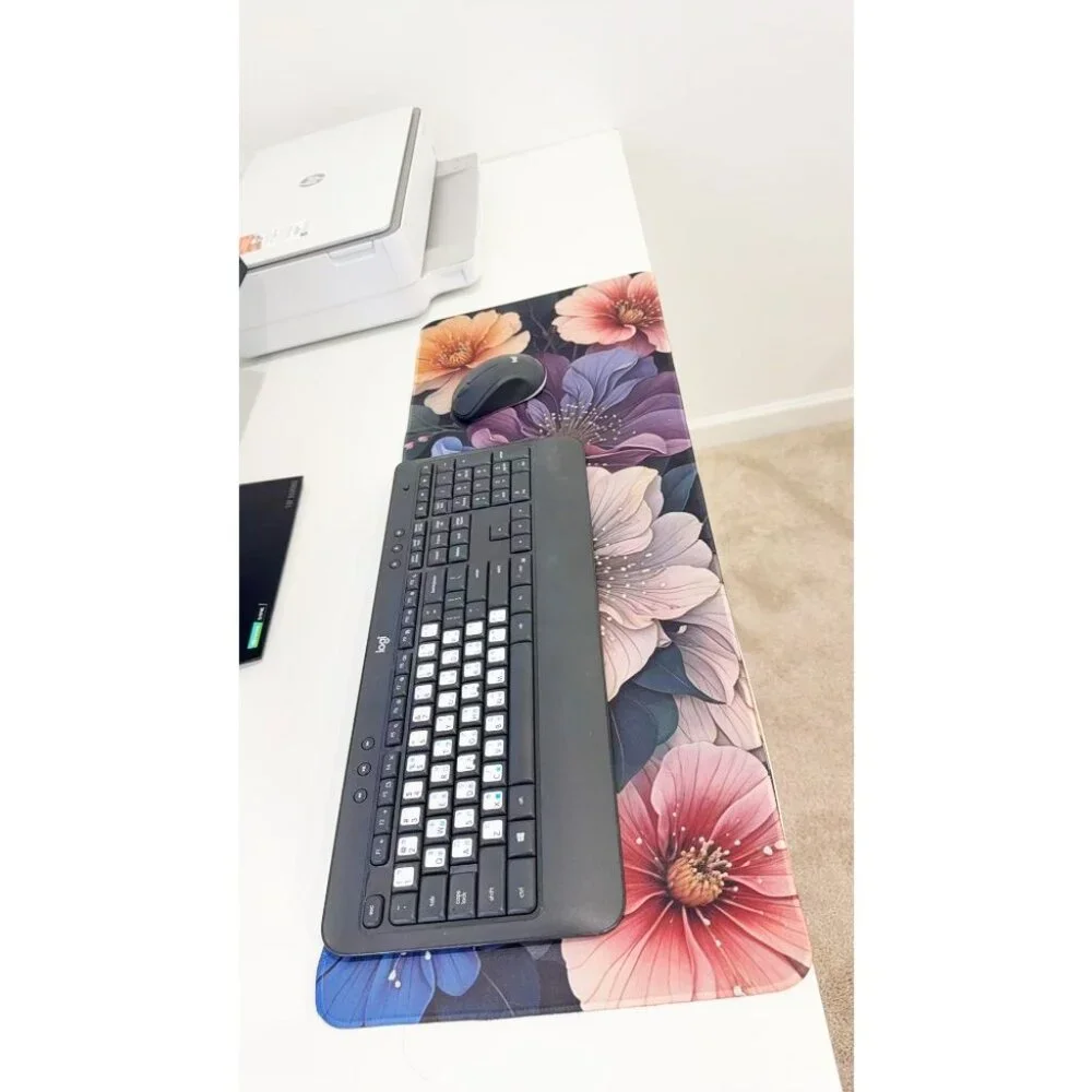 Bold Flower Print Long Mouse Pad Dark Background Anti-Slip Large Desk Mat